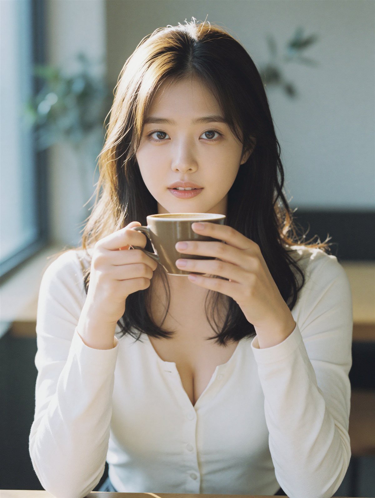 크림색 카디건을 입고 컵을 든 서아
