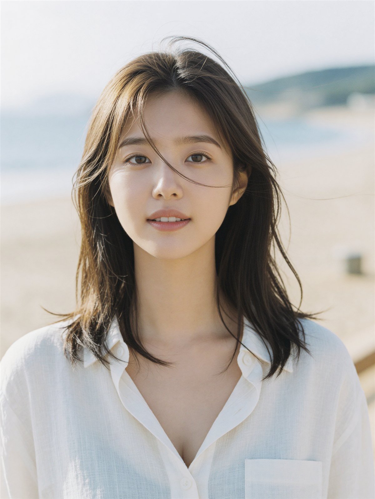 야외에서 아이보리 셔츠를 입은 서아