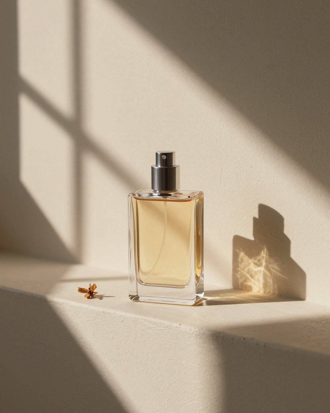 An unlabelled perfume bottle in afternoon window shadows
