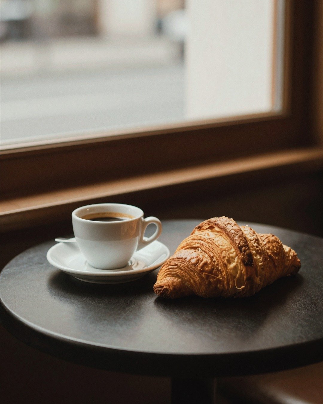 A cup of coffee and croissant on a cafe table