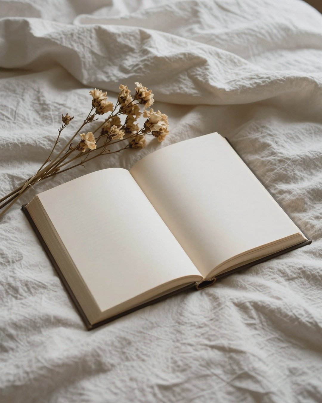 A blank open book and dried flowers on ivory bedding