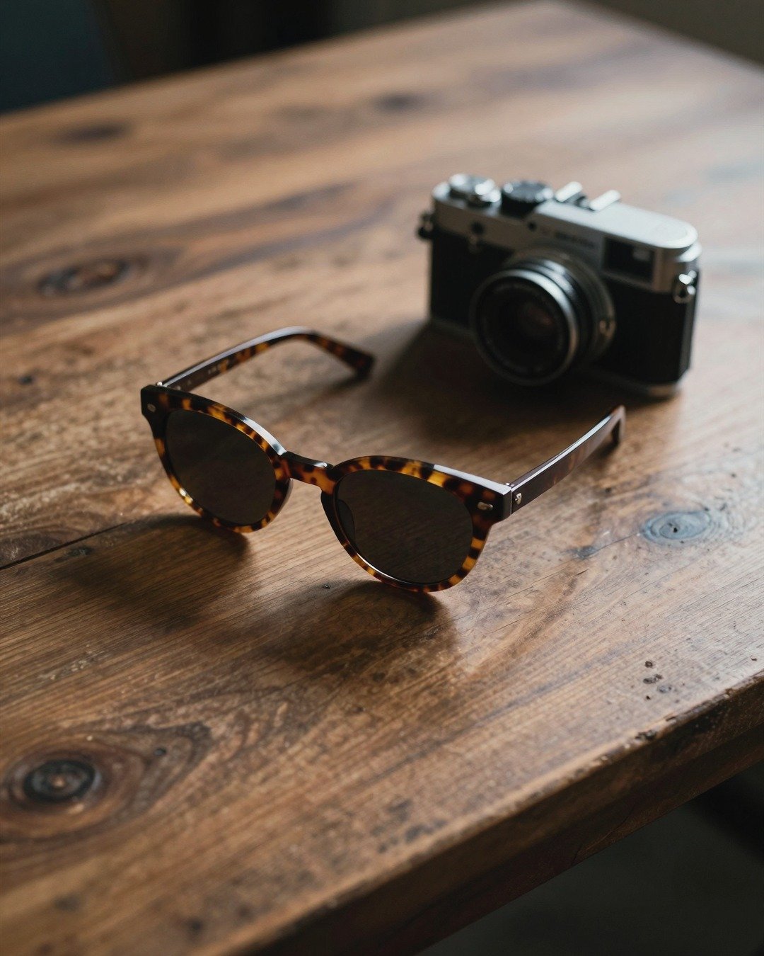 Sunglasses and a camera on a wooden table