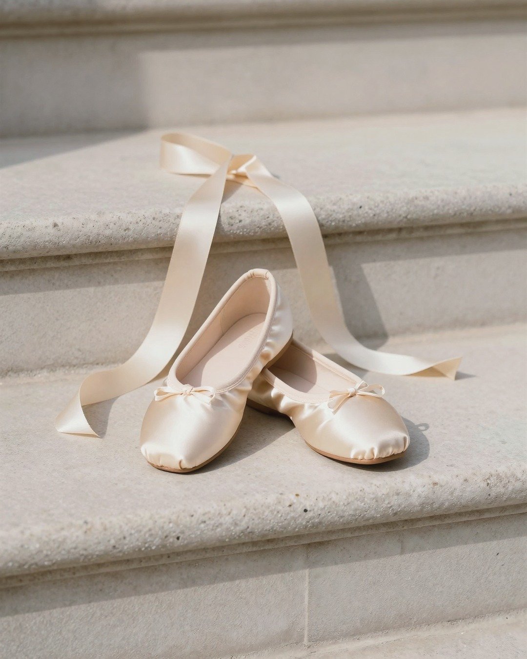 Cream ballet flats and ribbon on stone steps