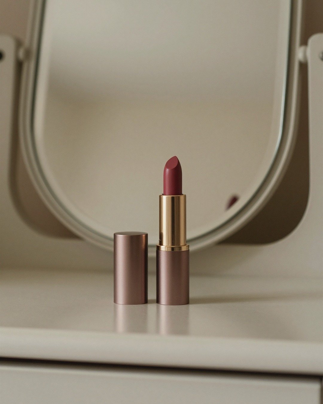 A lipstick and mirror on a quiet dressing table