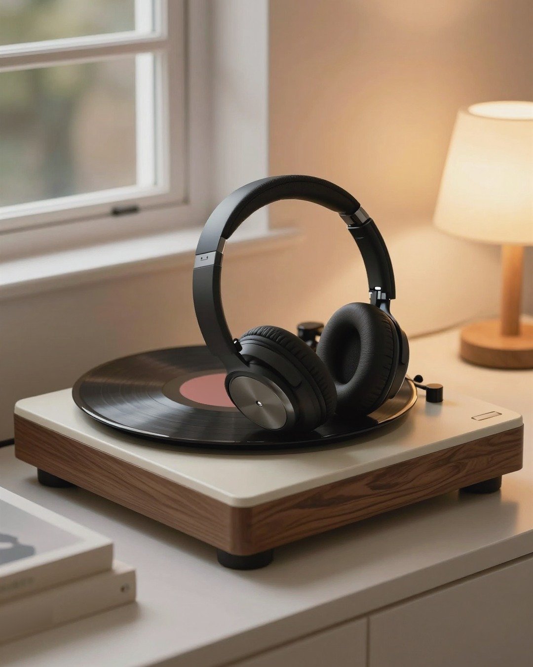 Black headphones resting on a record player