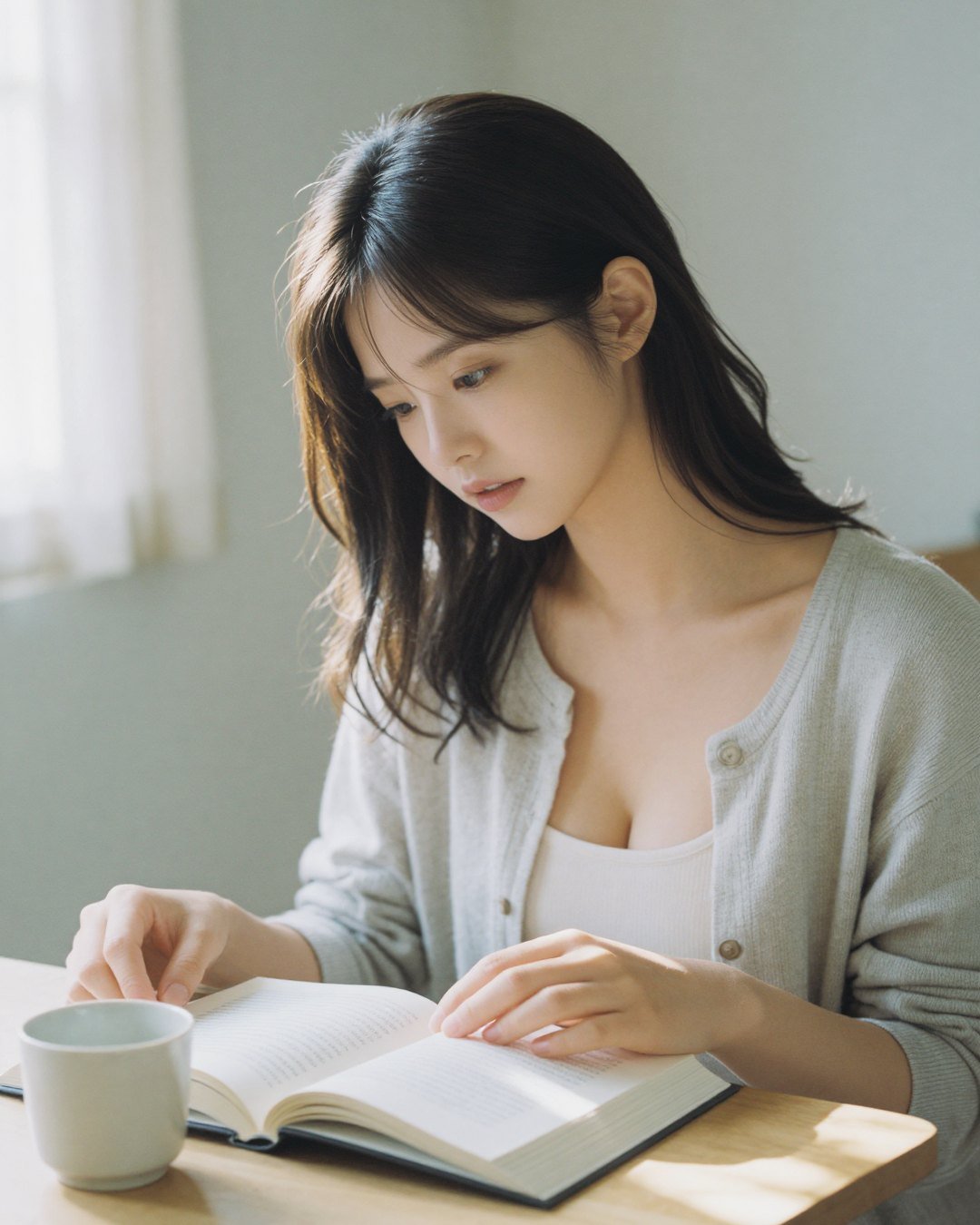 SEOA with an open book and a cup by the window