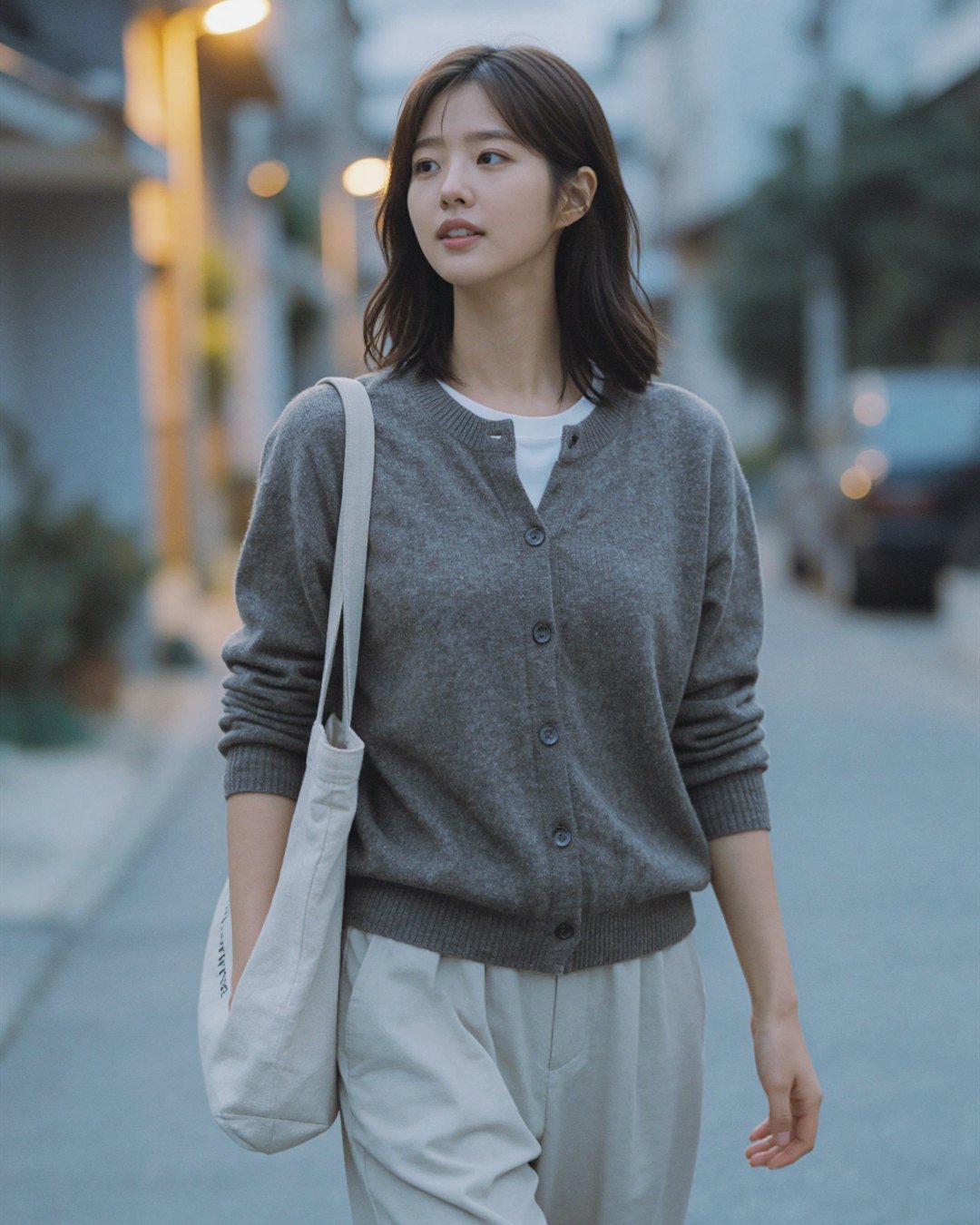 SEOA in a gray cardigan outdoors