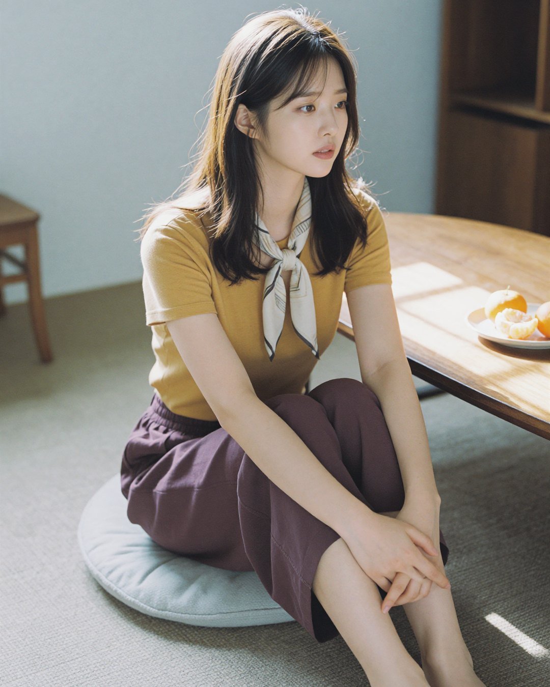 SEOA seated on a floor cushion in a mustard blouse
