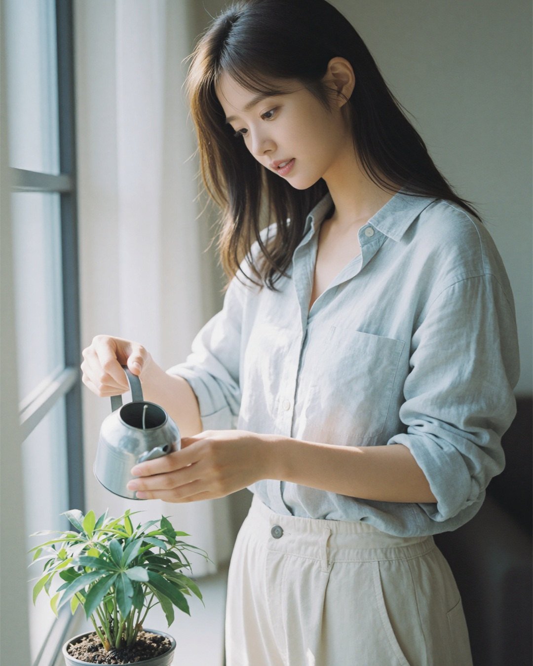 SEOA watering a plant by the window