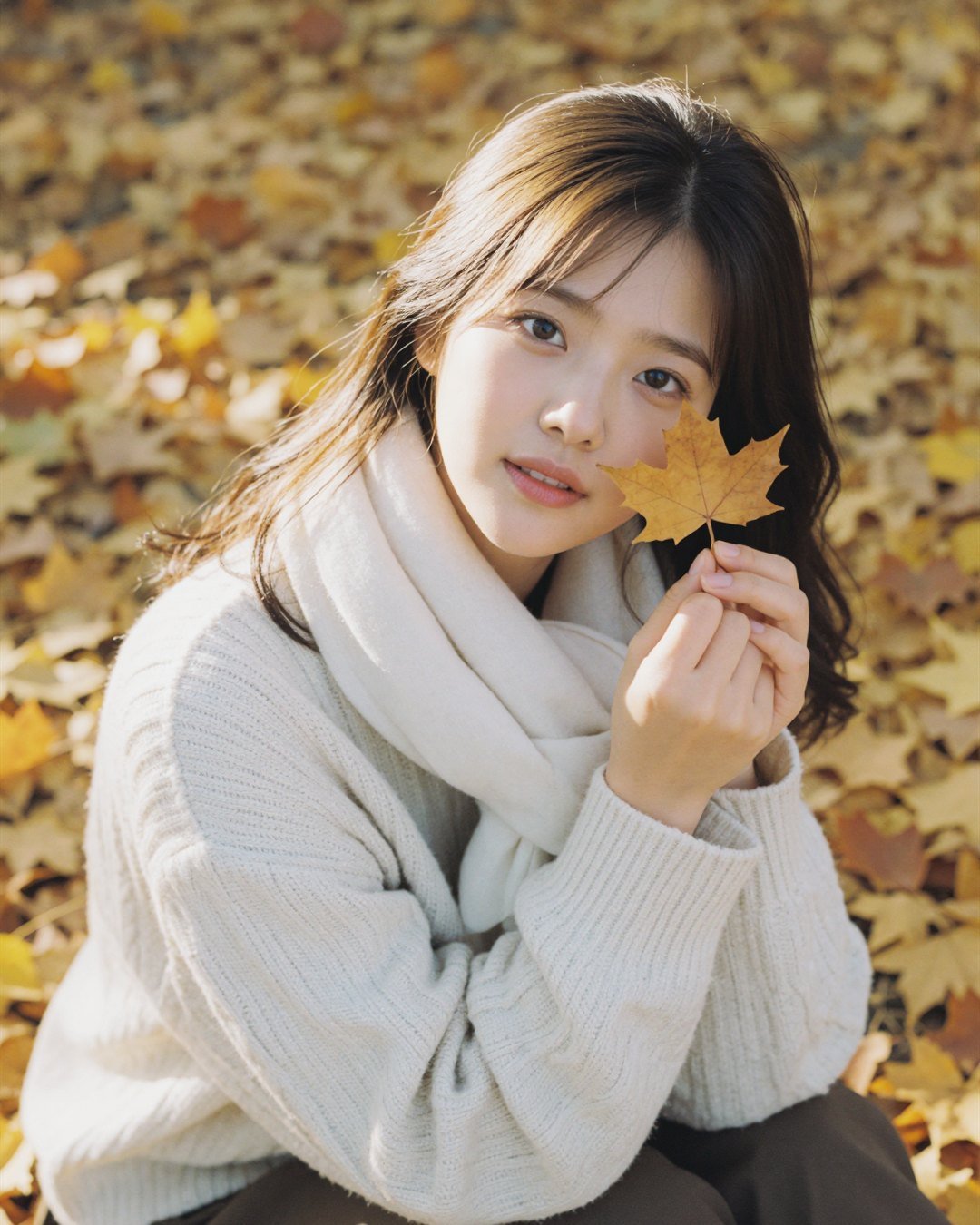 SEOA holding an autumn leaf beside her face