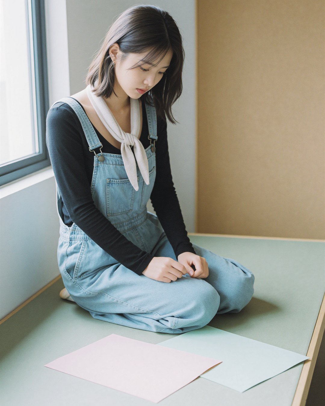 SEOA seated with pastel paper in denim overalls