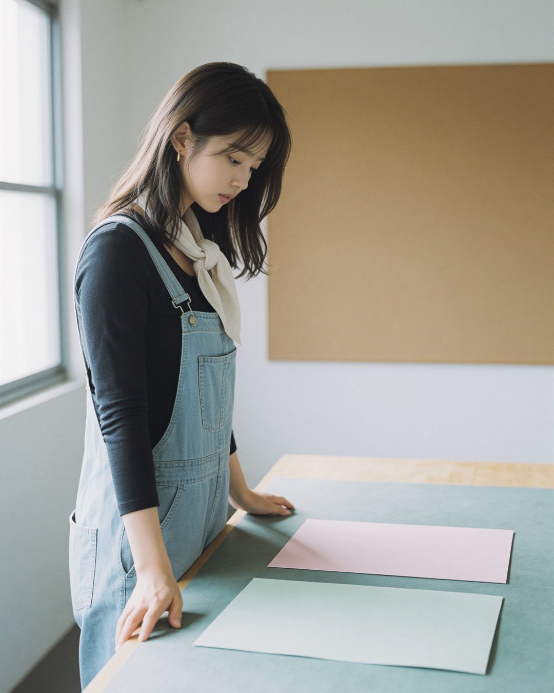 SEOA standing beside pastel paper in denim overalls