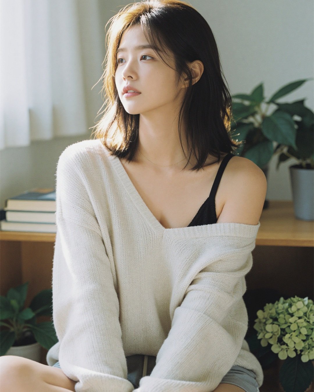 SEOA in an ivory knit beside the window